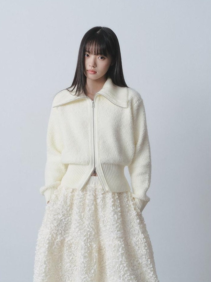 DDGIRL studio Cozy Warm Simple Daydream Waist Cinch Zip Cardigan Acrylic Blend Cream Sweaters