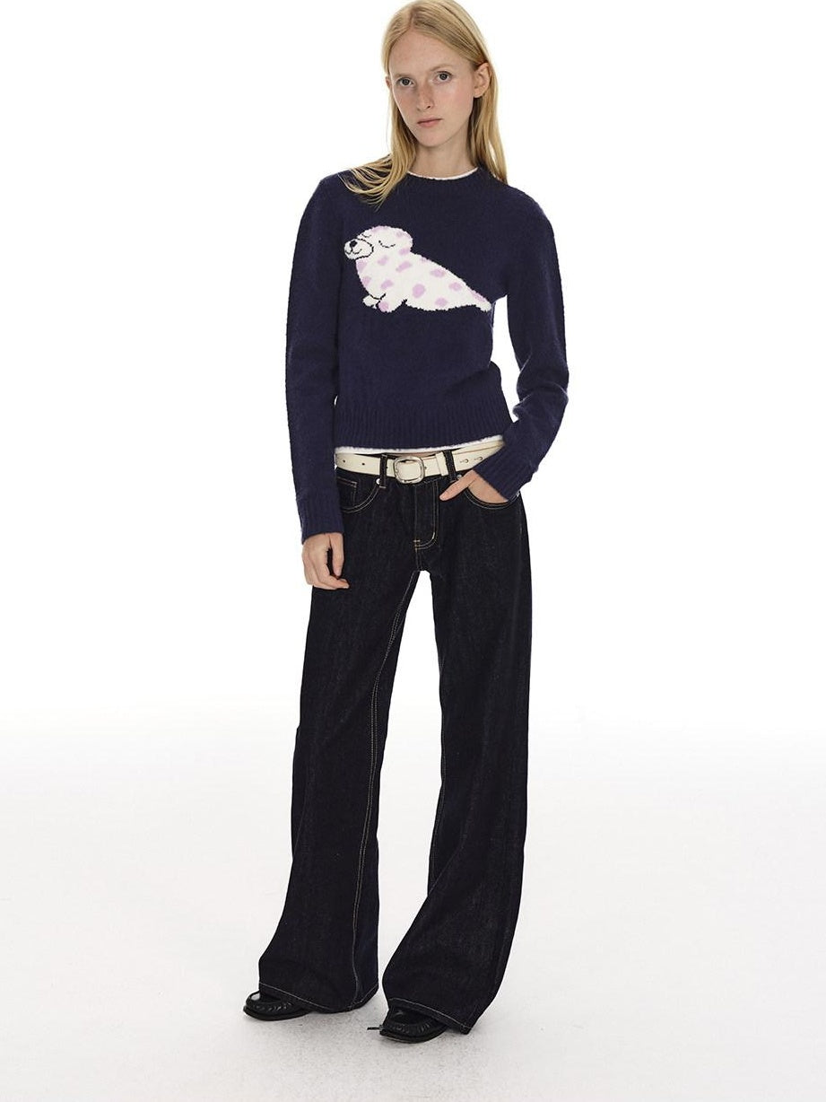 Country Moment Soft Slim Embroidered Seal Youthful Unisex Everyday Acrylic Round Neck Sweaters