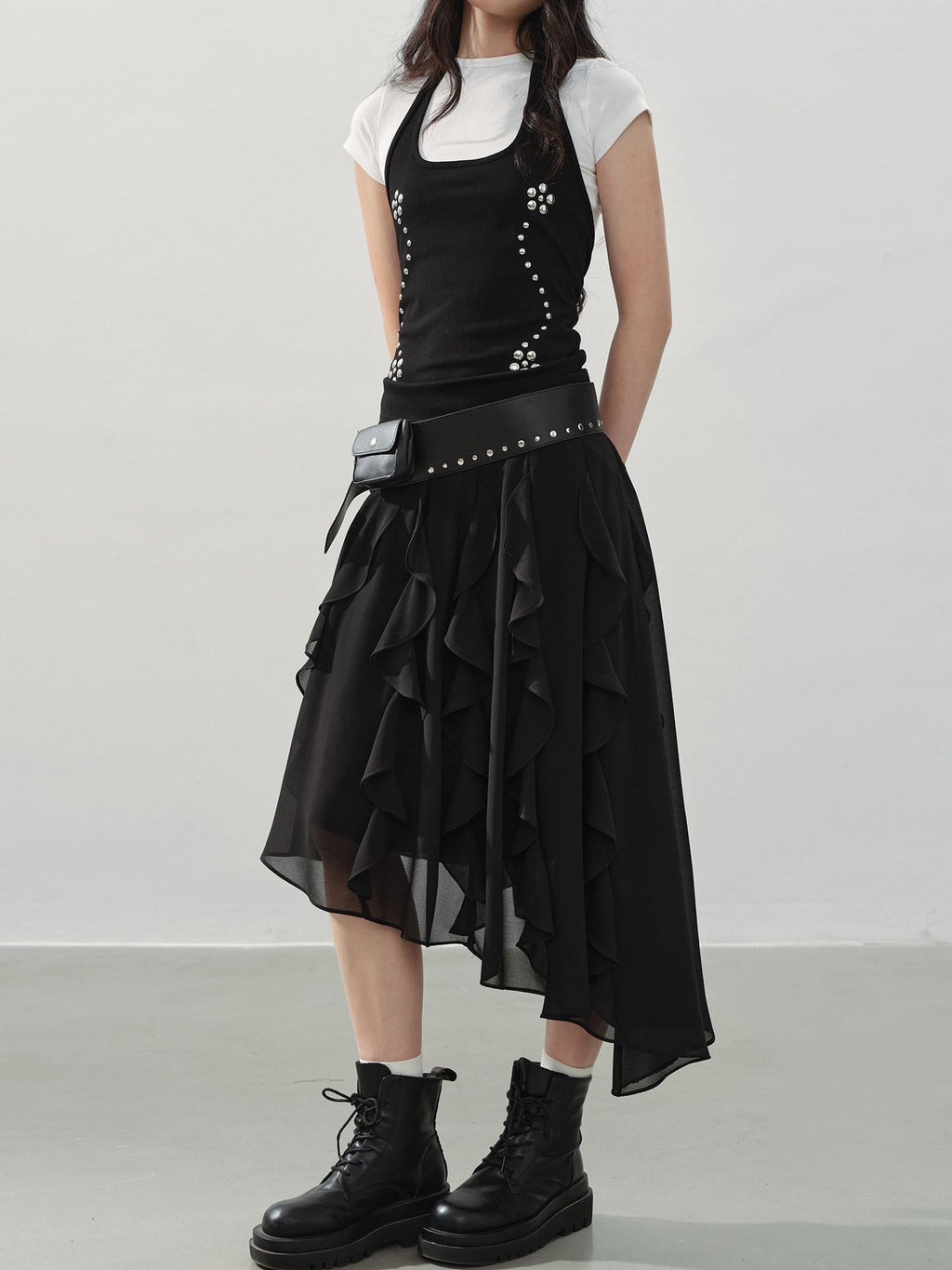 DDGIRL studio Fade Resistant Lined Asymmetrical High Waist Black Irregular Women Midi Skirts