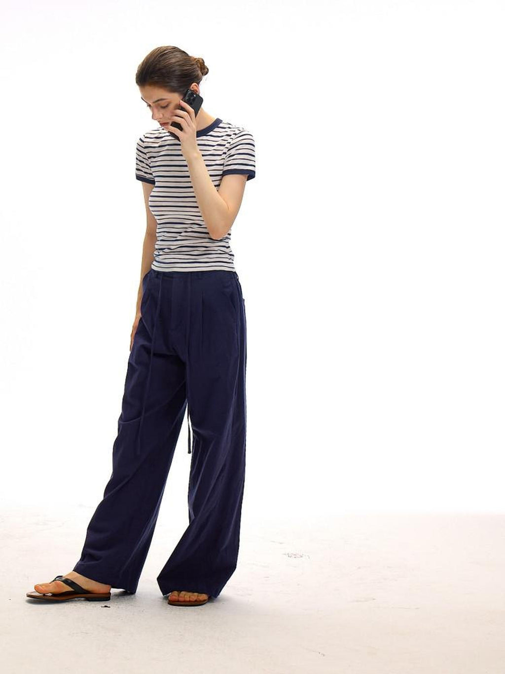 Country Moment Cotton Linen Minimal Belted Natural Waist Navy Office Wide Leg Pants