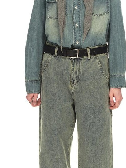 Country Moment Distressed Mid Rise Relaxed Unisex Breathable Cotton Grey Blue Wide Leg Jeans