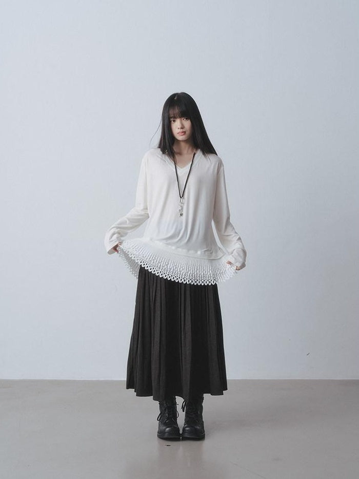 DDGIRL studio Soft Breathable V-neck Patchwork Loose Fit Women White Long Sleeve T-Shirts