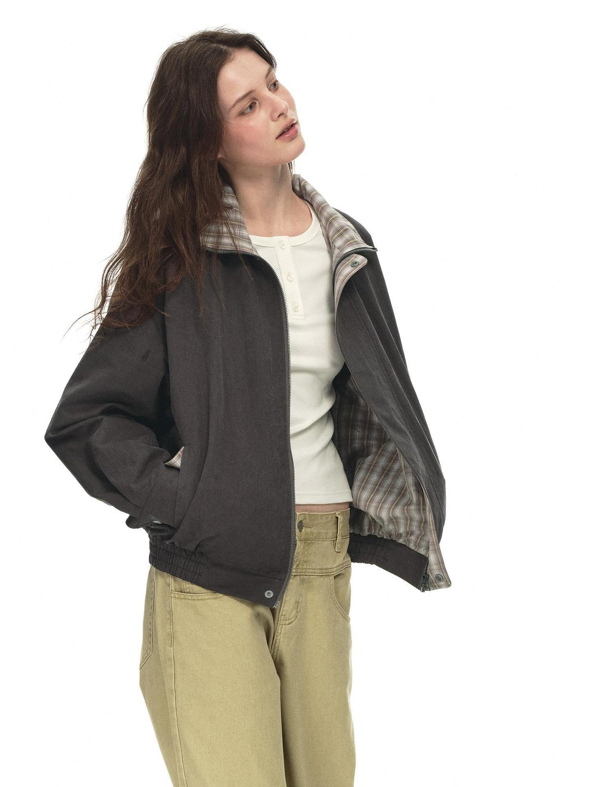 Country Moment Contrast Patchwork Relaxed Check Zip Long Sleeve Womens Cropped Jackets