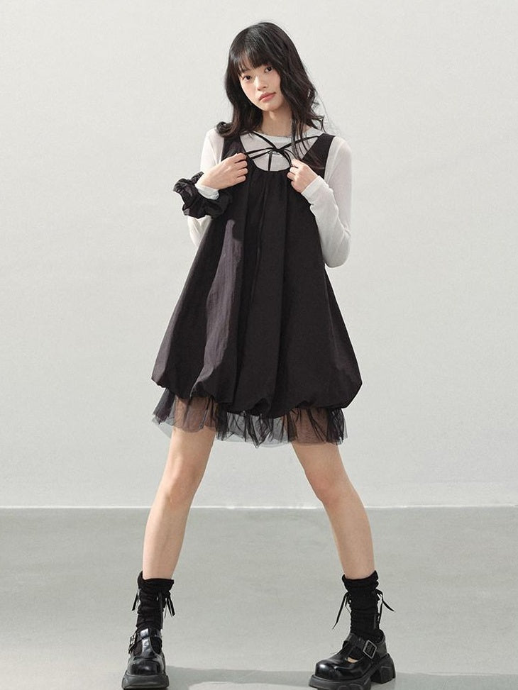 DDGIRL studio Sweet Mesh A Line Black Loose Waist Bubble Skirt U Neck Work Top & Skirt Sets