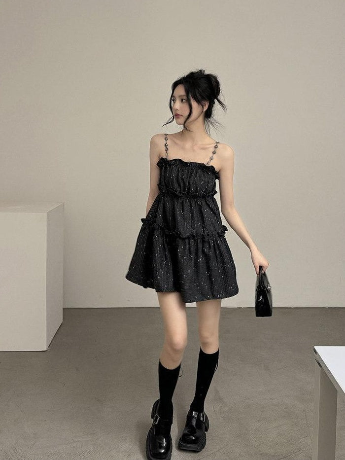 DDGIRL studio Shape Retain Strappy A Line Loose Waist Black Poly Wool Blend Mini Dresses
