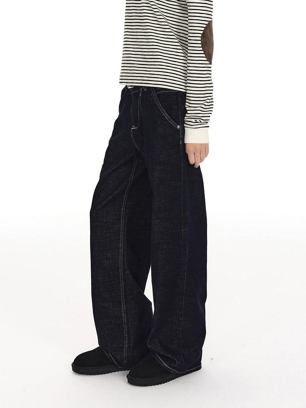Country Moment Slimming Mid Rise Contrast Stitch Loose Unisex Blue Cotton Straight Leg Jeans
