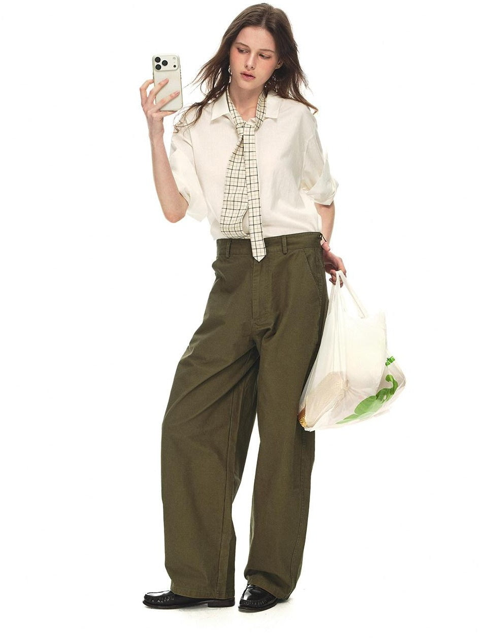 Country Moment Relaxed Cotton Button Fly Natural Waist Casual Army Green Wide Leg Pants