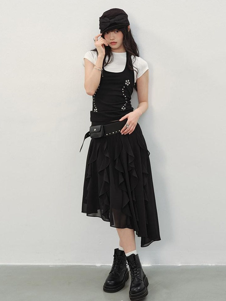 DDGIRL studio Fade Resistant Lined Asymmetrical High Waist Black Irregular Women Midi Skirts