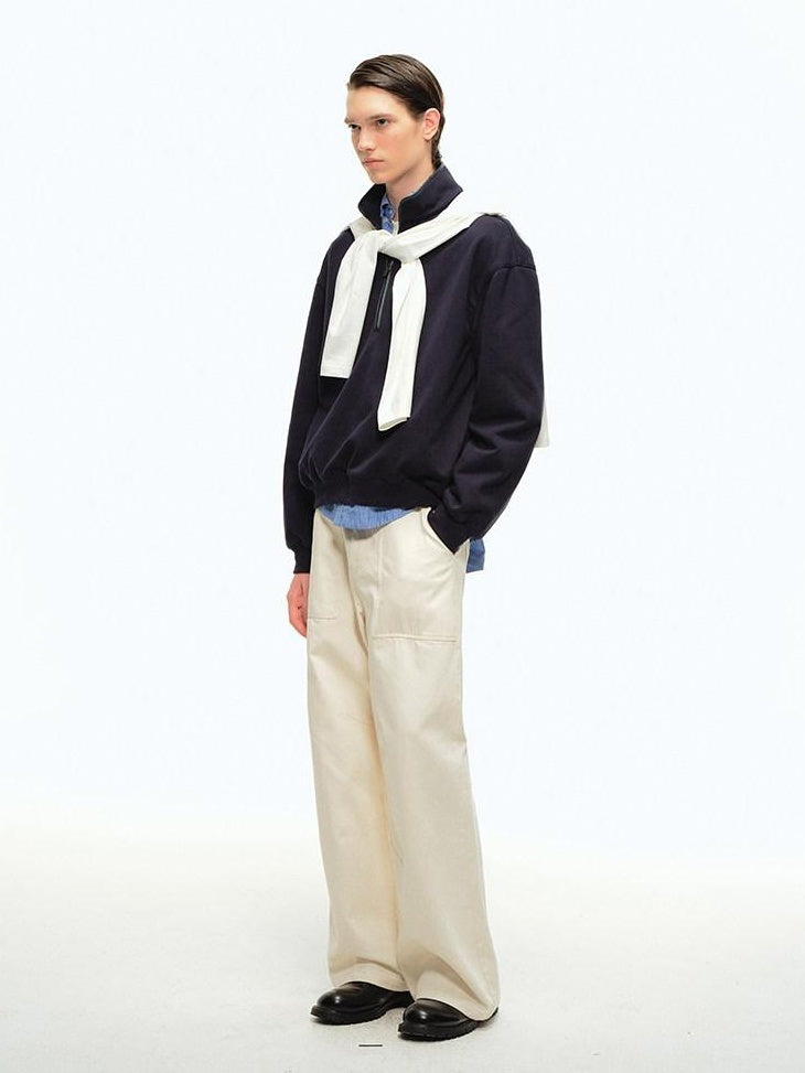 Country Moment Soft Cotton Blend Stand Collar Half Zip American Youth Casual Navy Sweatshirt