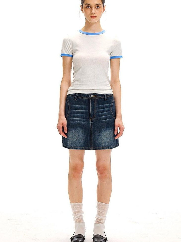Country Moment Breathable Cotton Blend Vintage Office A Line Solid Blue Black Mini Skirts
