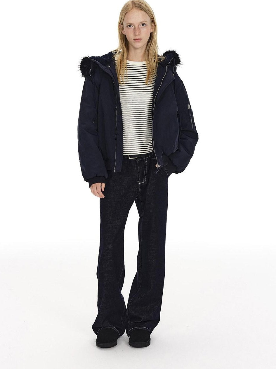 Country Moment Slimming Mid Rise Contrast Stitch Loose Unisex Blue Cotton Straight Leg Jeans