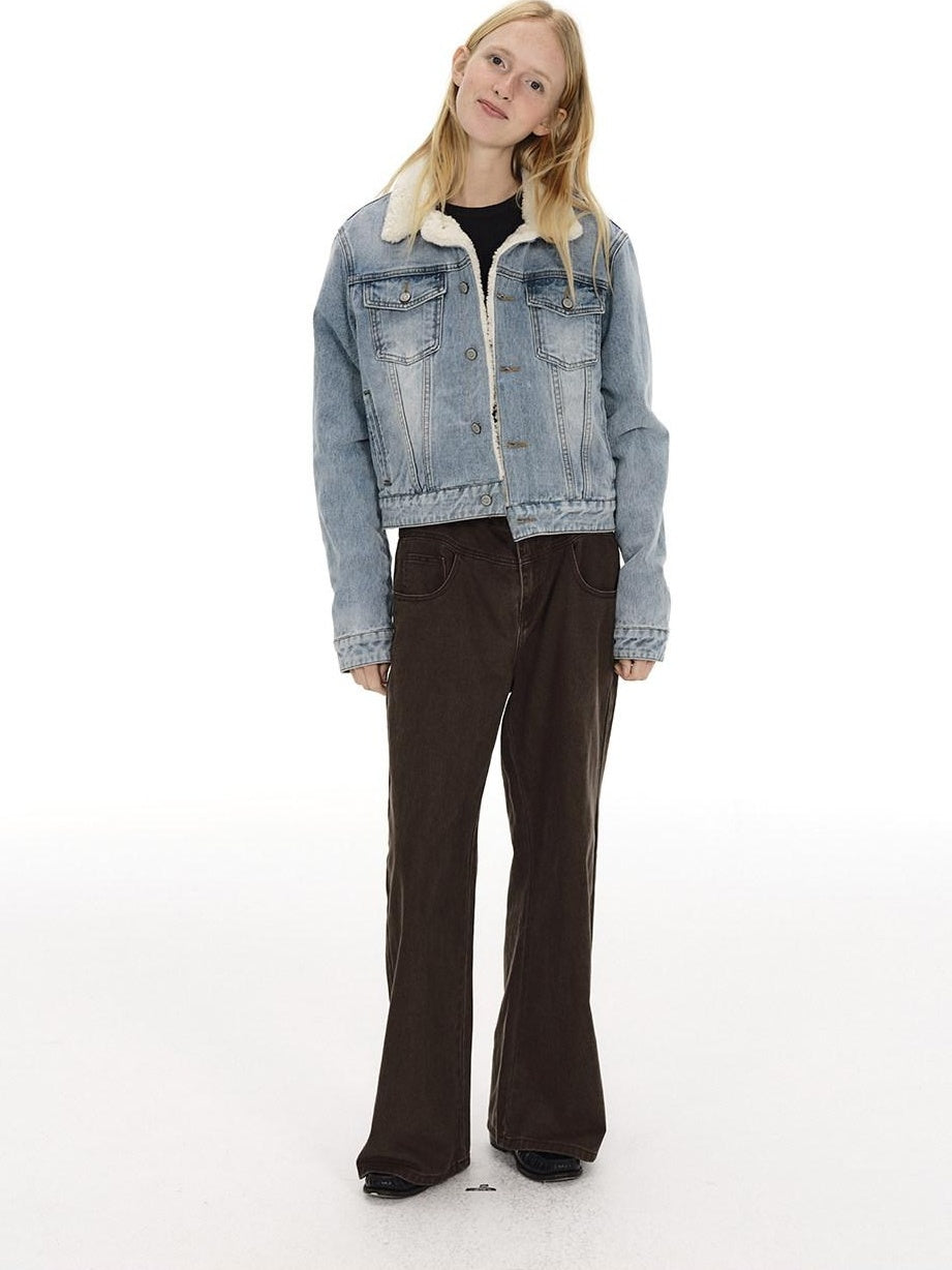 Country Moment Warm Cotton Padded Vintage Wash Slim Cropped Topstitching Women Denim Jackets