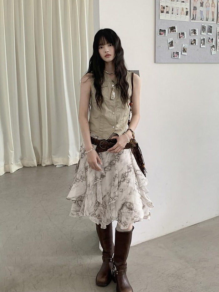 DDGIRL studio High Waist Ruffle Asymmetrical Lined Polyester Casual Young Women Midi Skirts