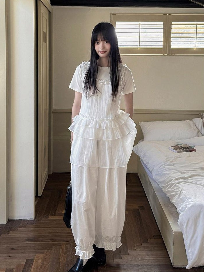 DDGIRL studio Original High Waist Drawstring Washed Cotton Nylon Lantern White Wide Leg Pants