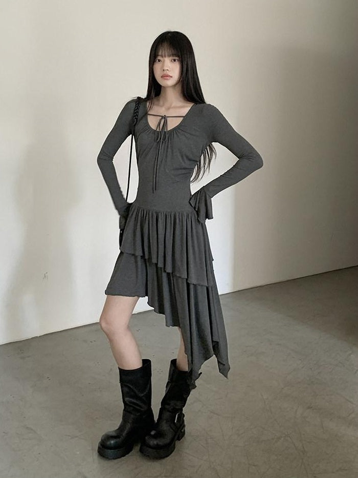 DDGIRL studio Soft Stretch Lyocell Asymmetric Cinched Waist U Neck Commuter Midi Dresses