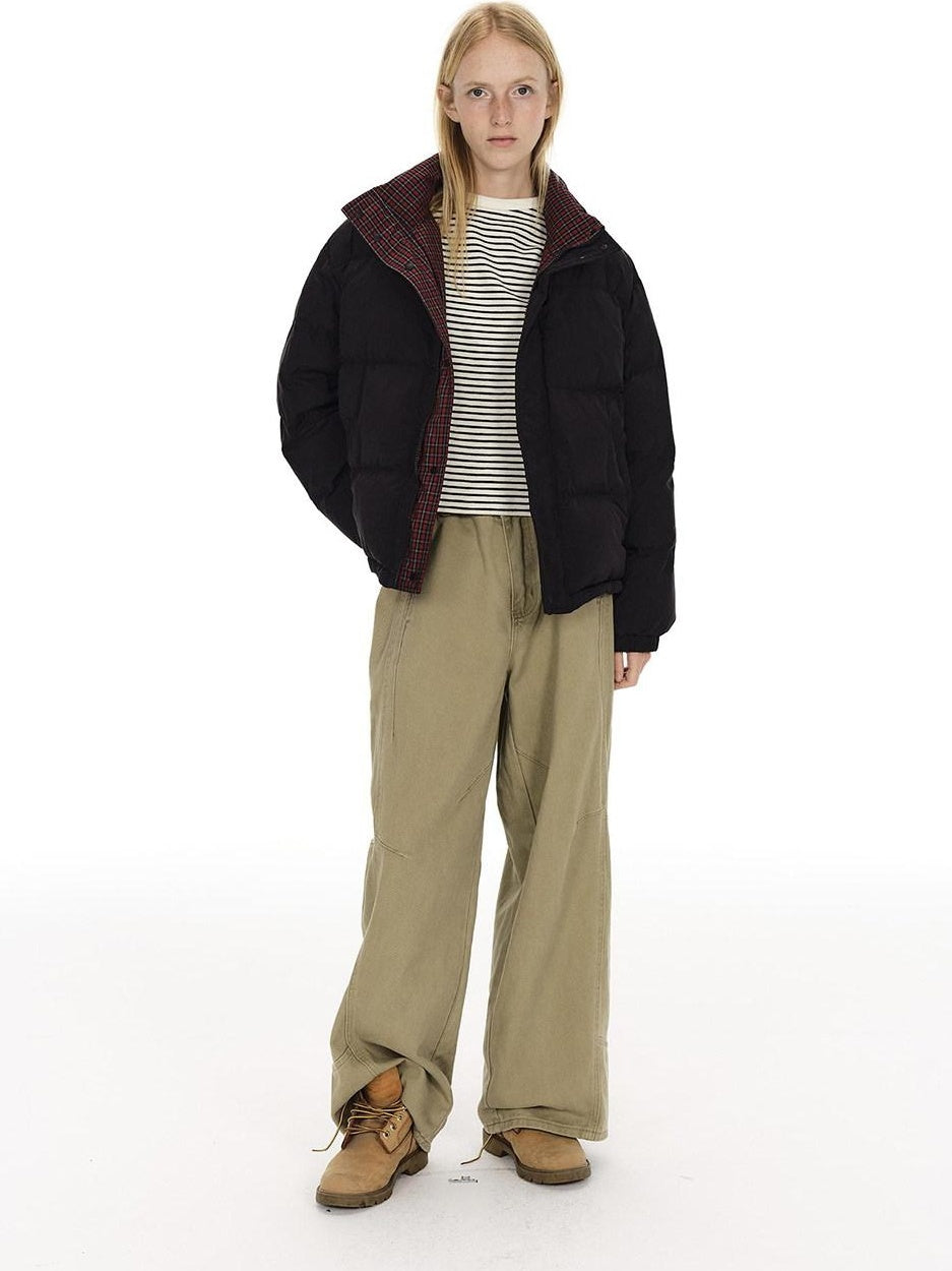 Country Moment High Fill White Duck Reversible Plaid Loose Fit Unisex Cotton Zip Down Jackets