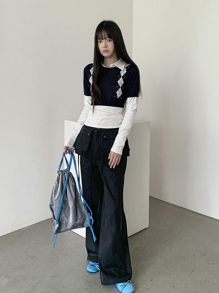 DDGIRL studio High Waist Zip Fly Pockets Relaxed Straight Leg Black Cotton Nylon Cargo Pants