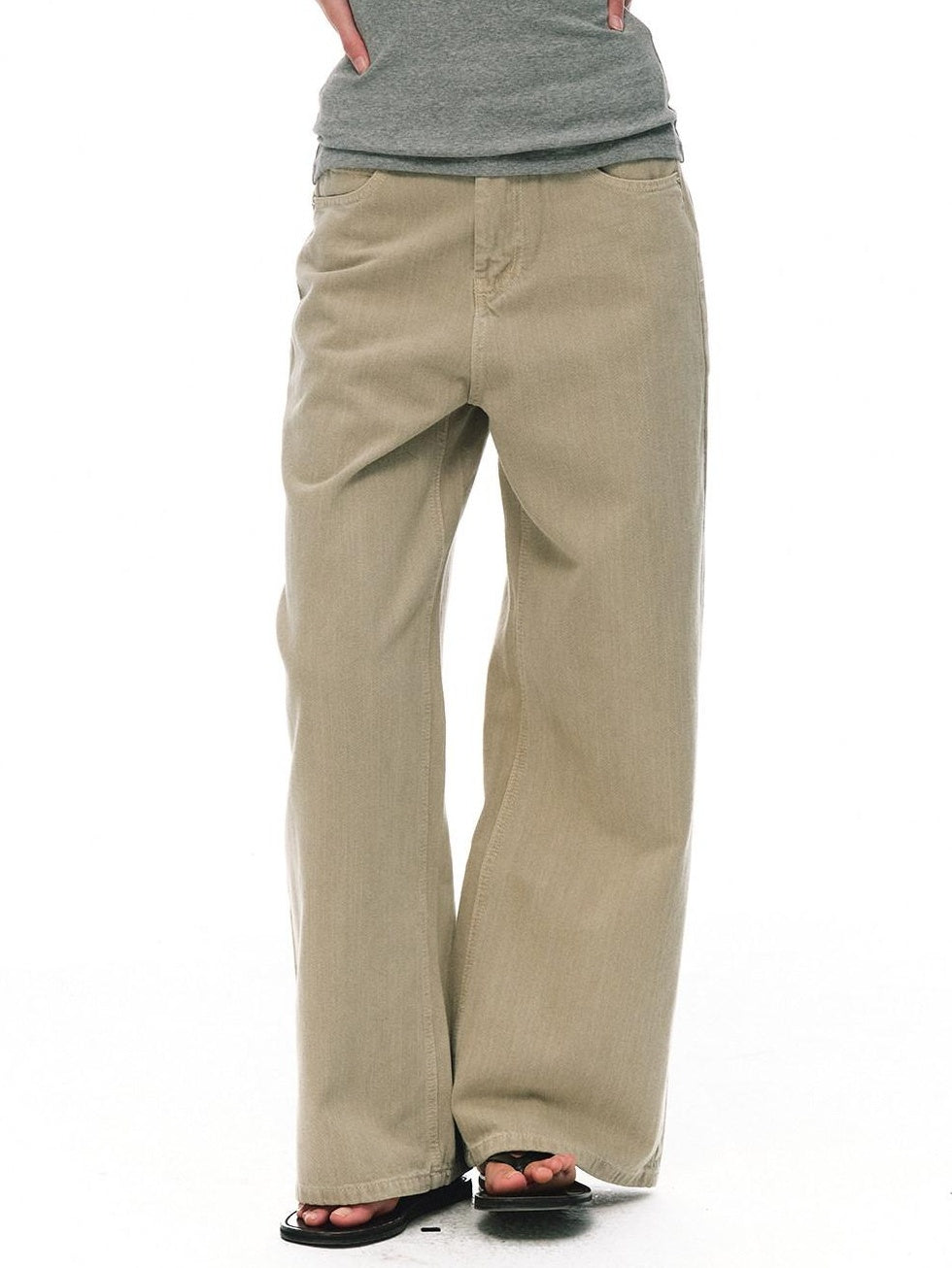 Country Moment Breathable Durable Mid Rise Zipper Fly Loose Khaki Cotton Casual Wide Leg Jeans