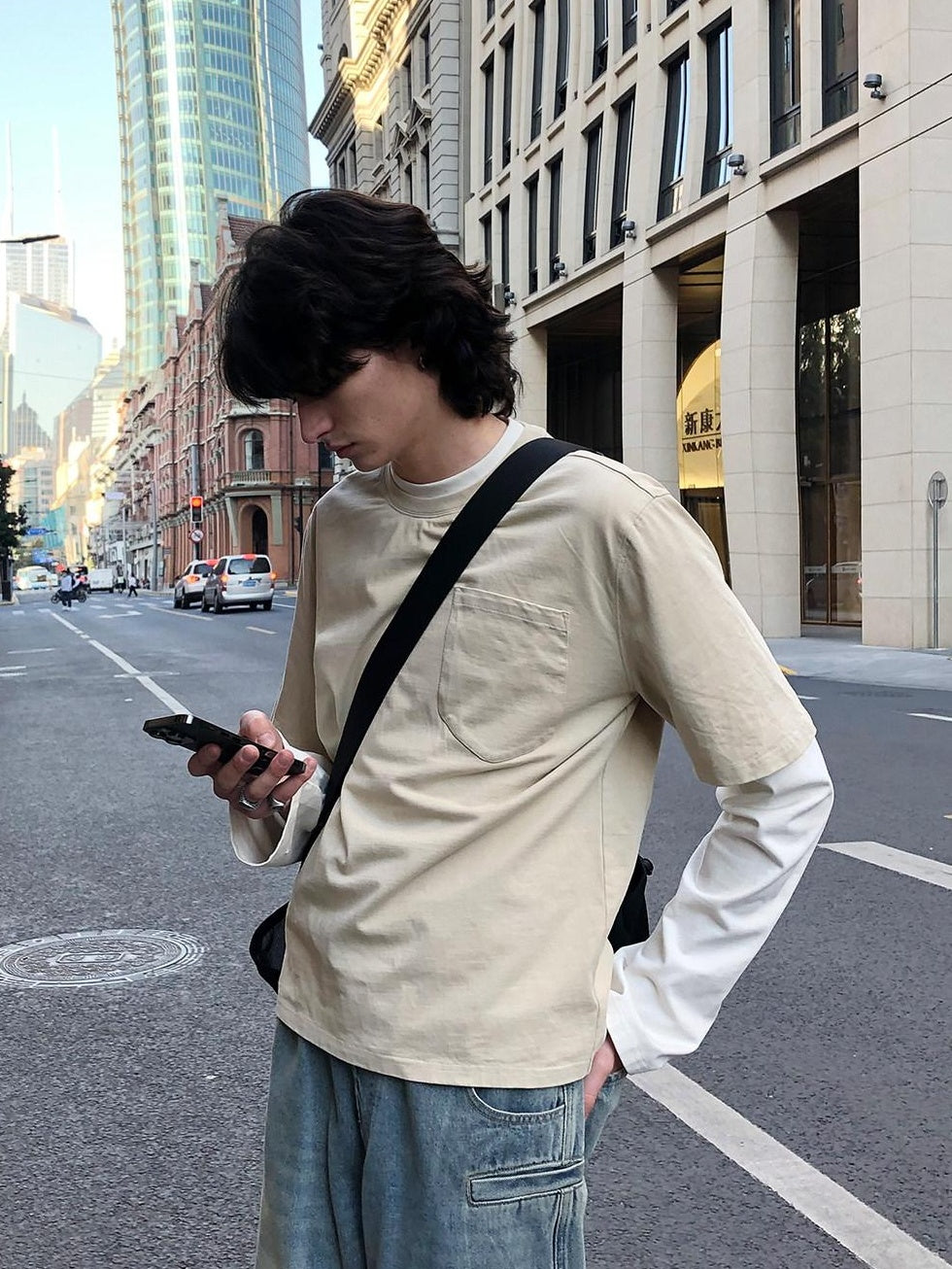 Country Moment Soft Breathable 100% Cotton Loose Crew Neck Unisex Khaki Long Sleeve T-Shirts