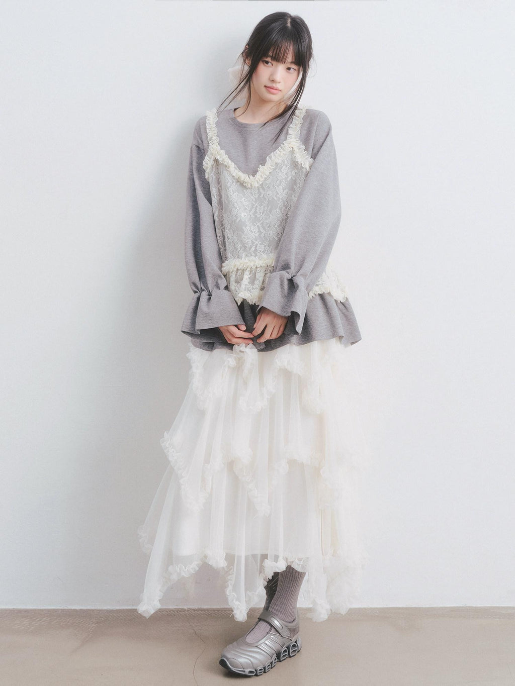 DDGIRL studio Lace Splice Pullover Loose Crewneck Womens Two Piece Long Sleeve T-Shirts