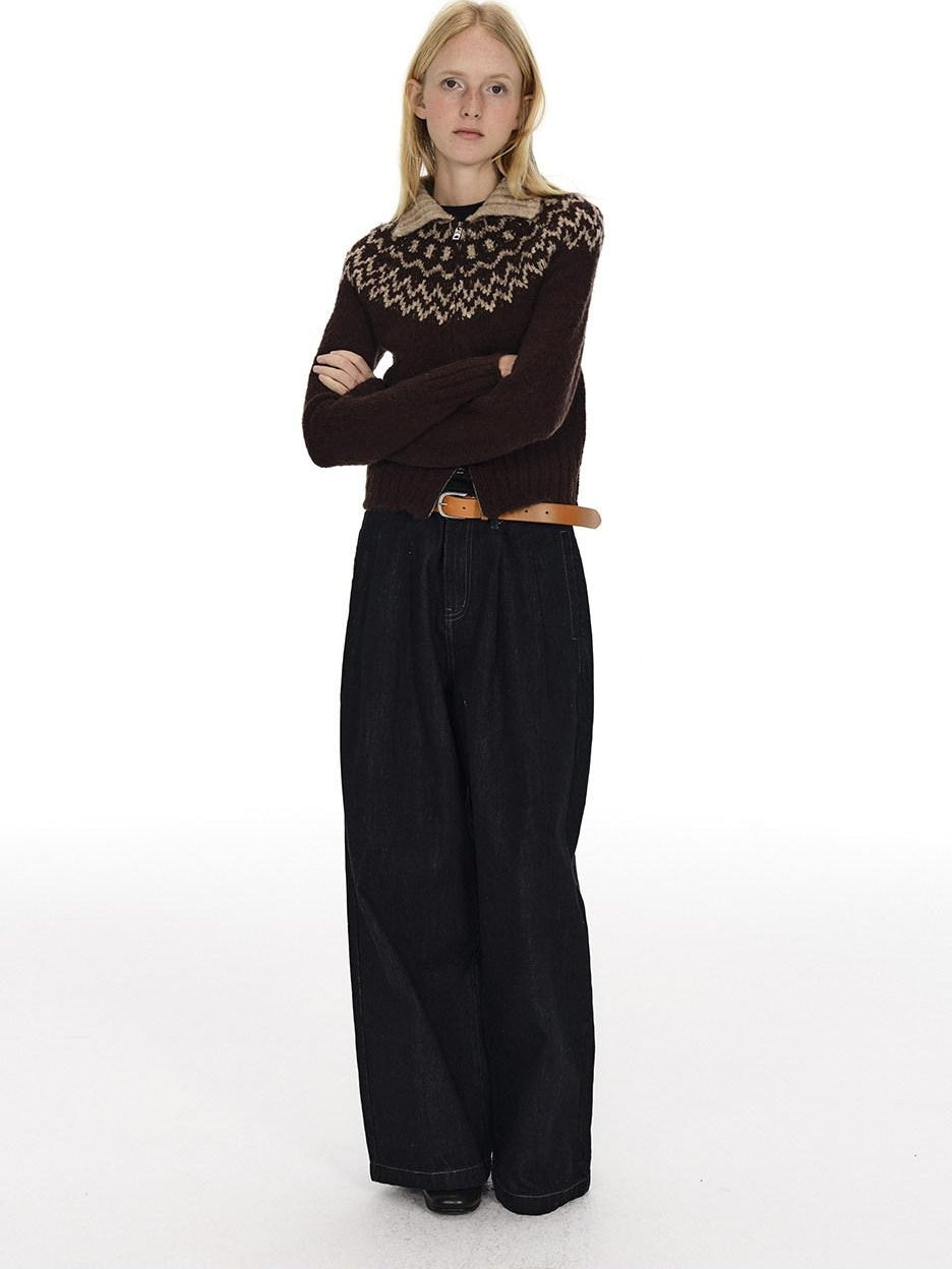 Country Moment Soft Wool Blend Thermal Slim Jacquard Zip Front Unisex Brown Cardigans