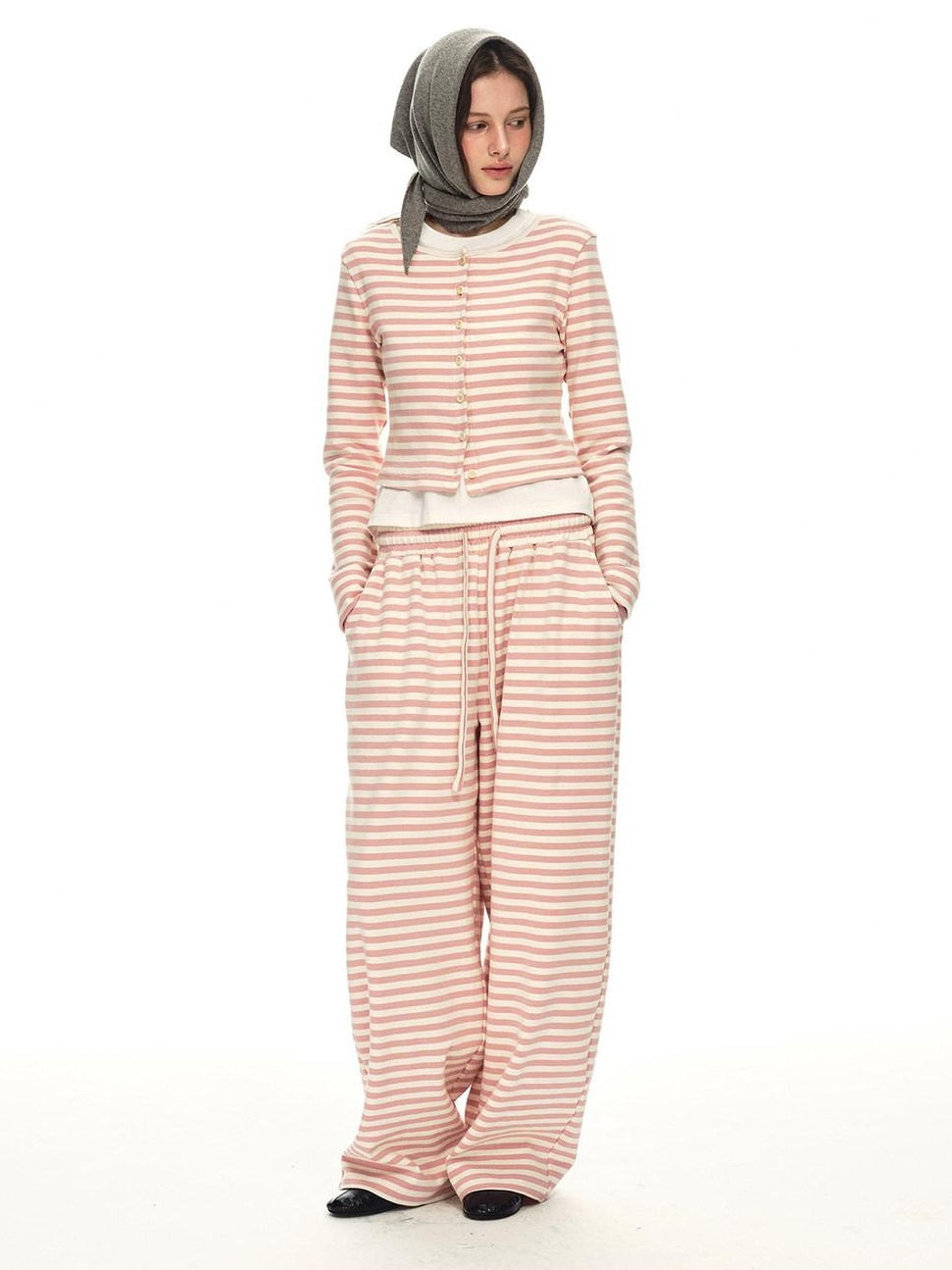 Country Moment Breathable Cotton Slim Fit Piped Pink Striped Casual Top & Pants Sets