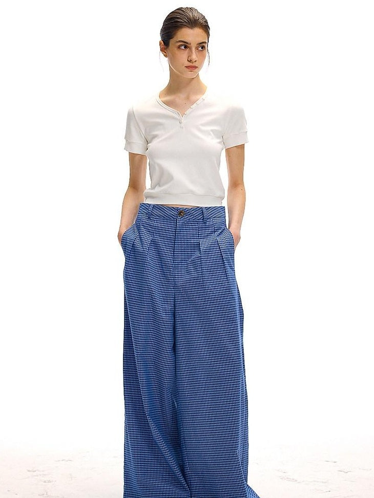 Country Moment 100 Percent Cotton Vintage Natural Waist Pockets Gem Blue Plaid Wide Leg Pants
