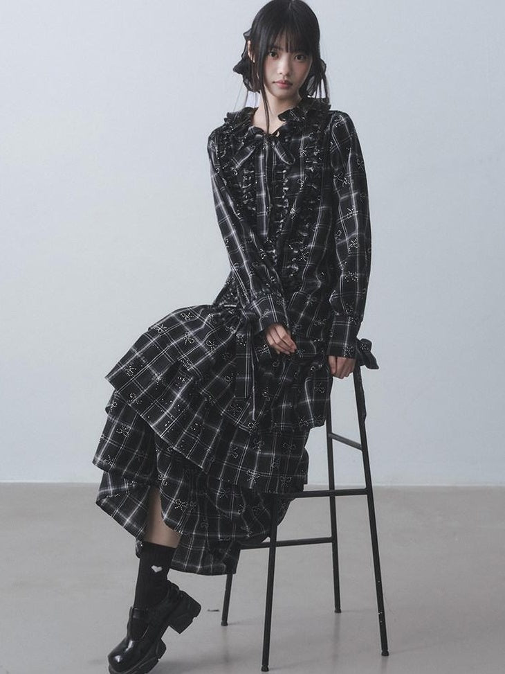 DDGIRL studio Wrinkle Free Black Plaid Collared Bow High Waist Loose Women Office Top & Skirt Sets