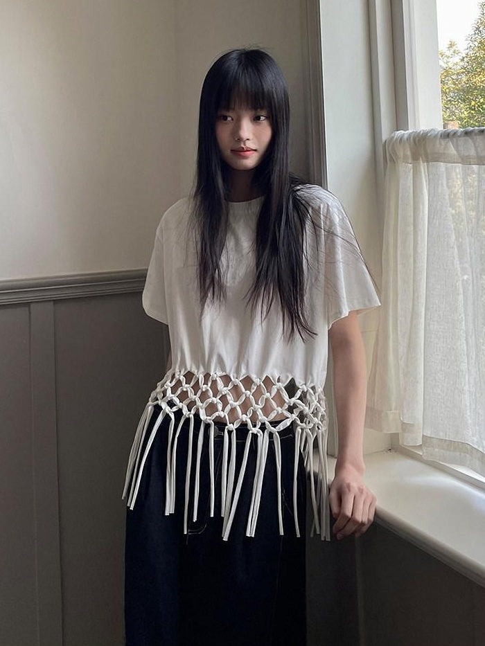 DDGIRL studio White Fringe Cropped Loose 100% Cotton Commuter Crew Neck Short Sleeve T-Shirts