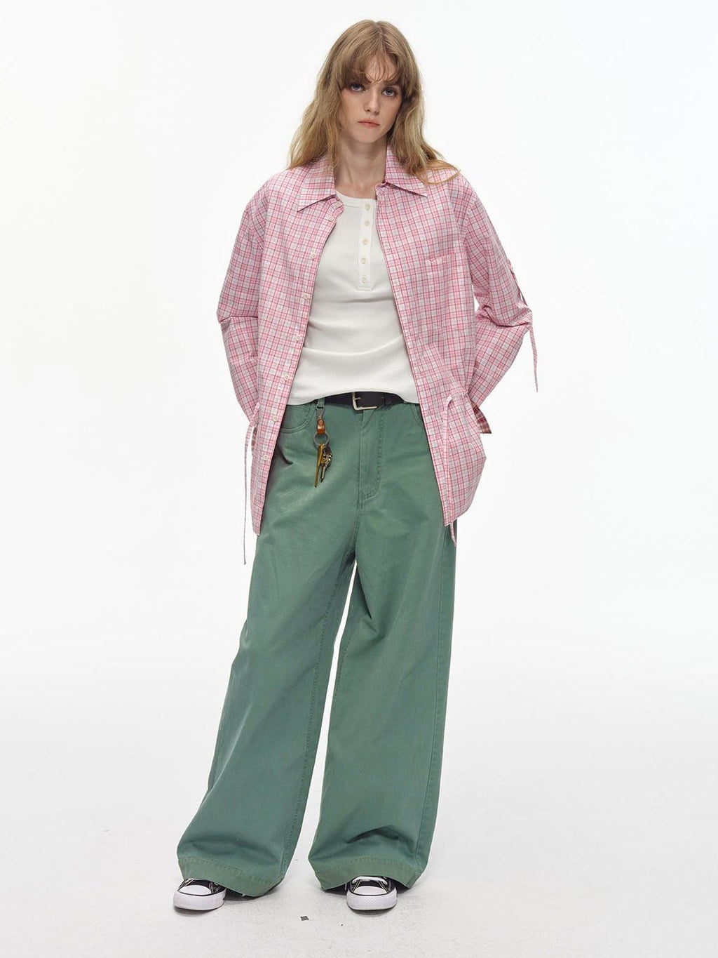 Country Moment Washed 100% Cotton Loose Straight Zipper Fly Youth Everyday Green Wide Leg Pants