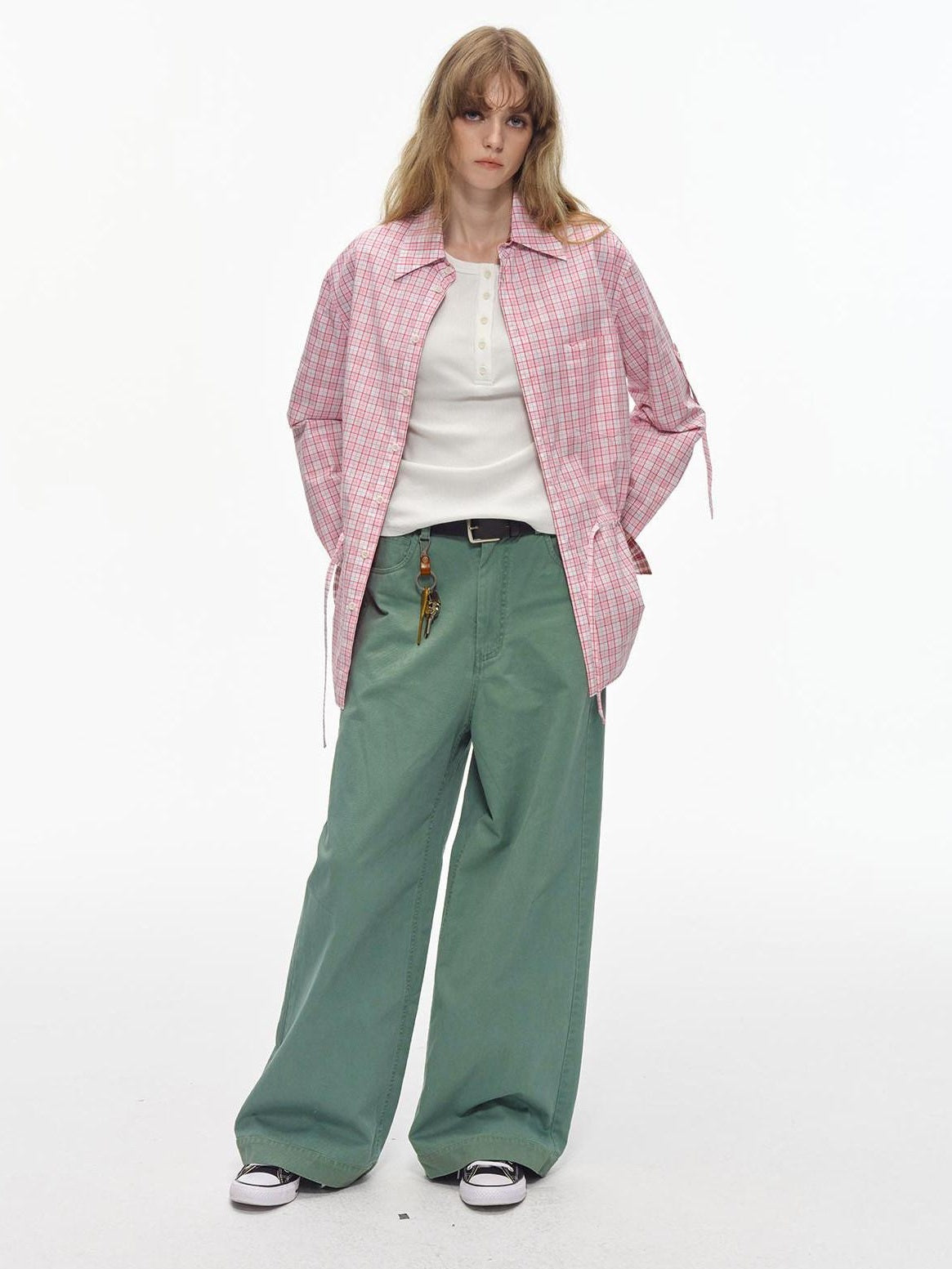 Country Moment Washed 100% Cotton Loose Straight Zipper Fly Youth Everyday Green Wide Leg Pants