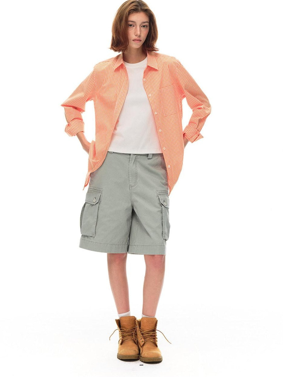 Country Moment Vintage Washed Relaxed Mid Rise Pockets Casual Pure Cotton Mid-Length Shorts
