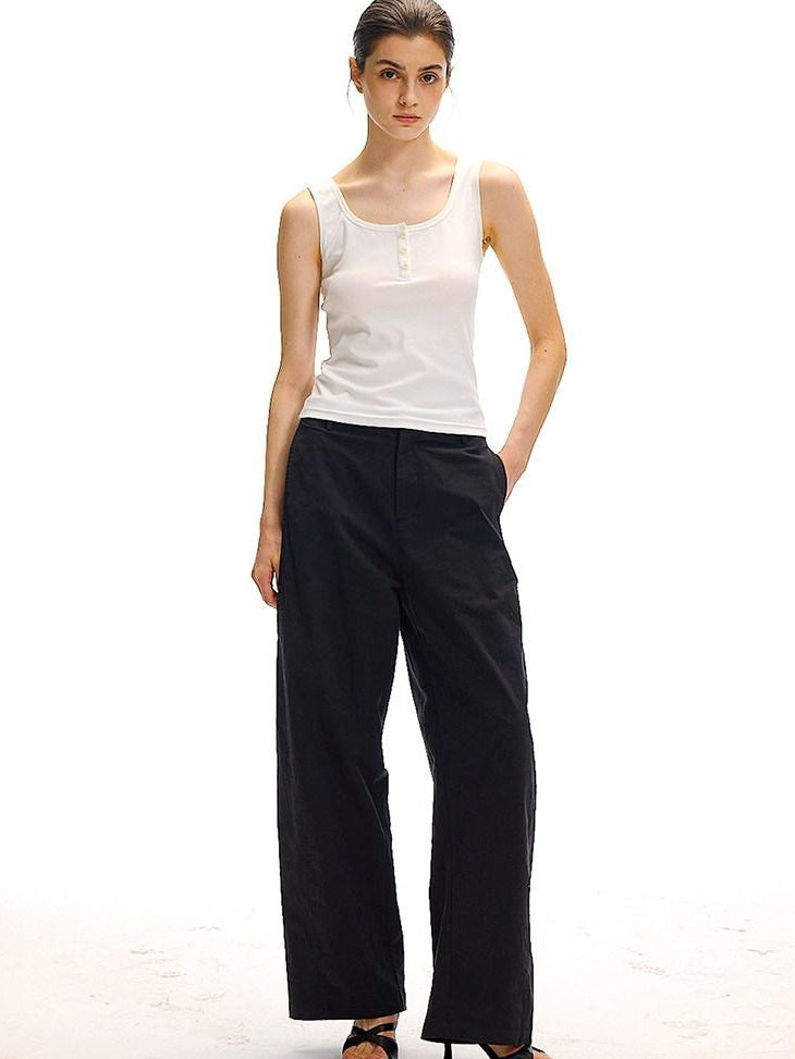 Country Moment Versatile Simple Mid Rise Cotton Stretch Straight Relaxed Black Wide Leg Pants