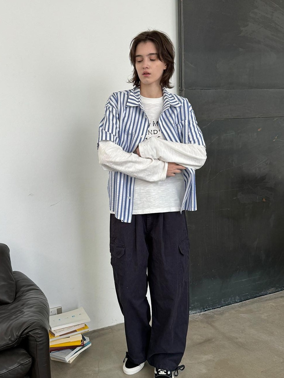 Country Moment Cotton Blend Blue White Striped Square Neck Relaxed Fit Teen Short Sleeve Shirts