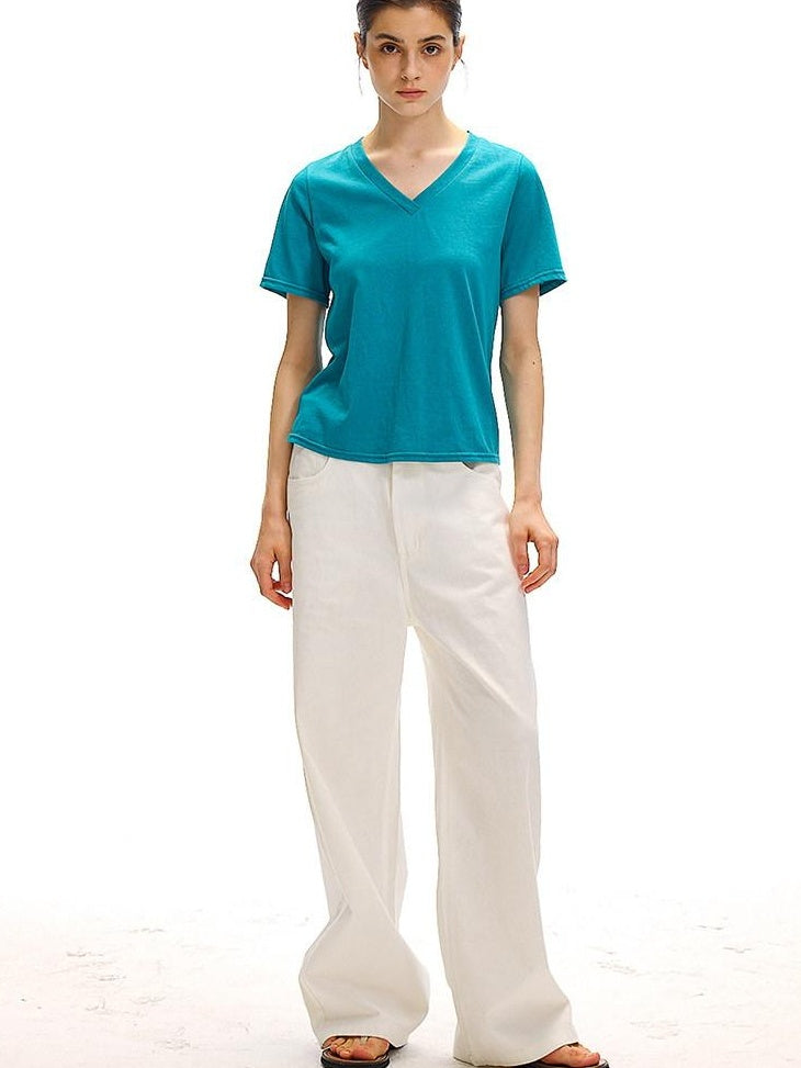 Country Moment Moisture Wicking Street Straight V-neck Cotton Blend White Short Sleeve T-Shirts