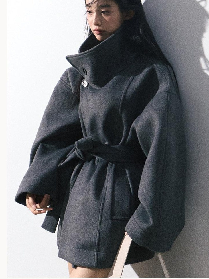 7 OAKMOO Warm Thick Stand Collar Mid Length Loose Fit Commuter Womens Wool Coats