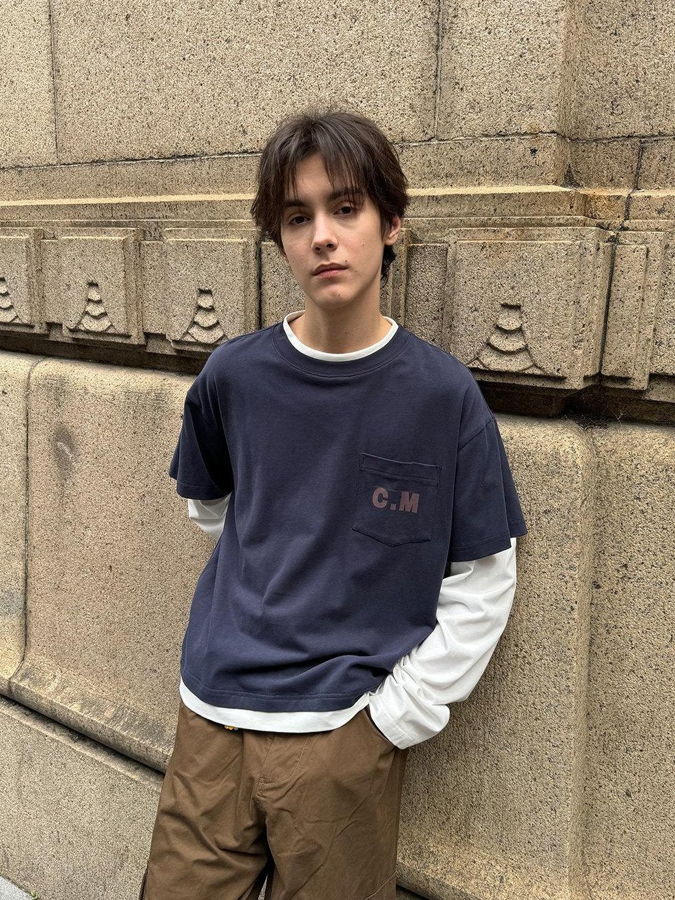 Country Moment Washed Pure Cotton Loose Colorblock Crewneck Teen Logo Navy Long Sleeve T-Shirts