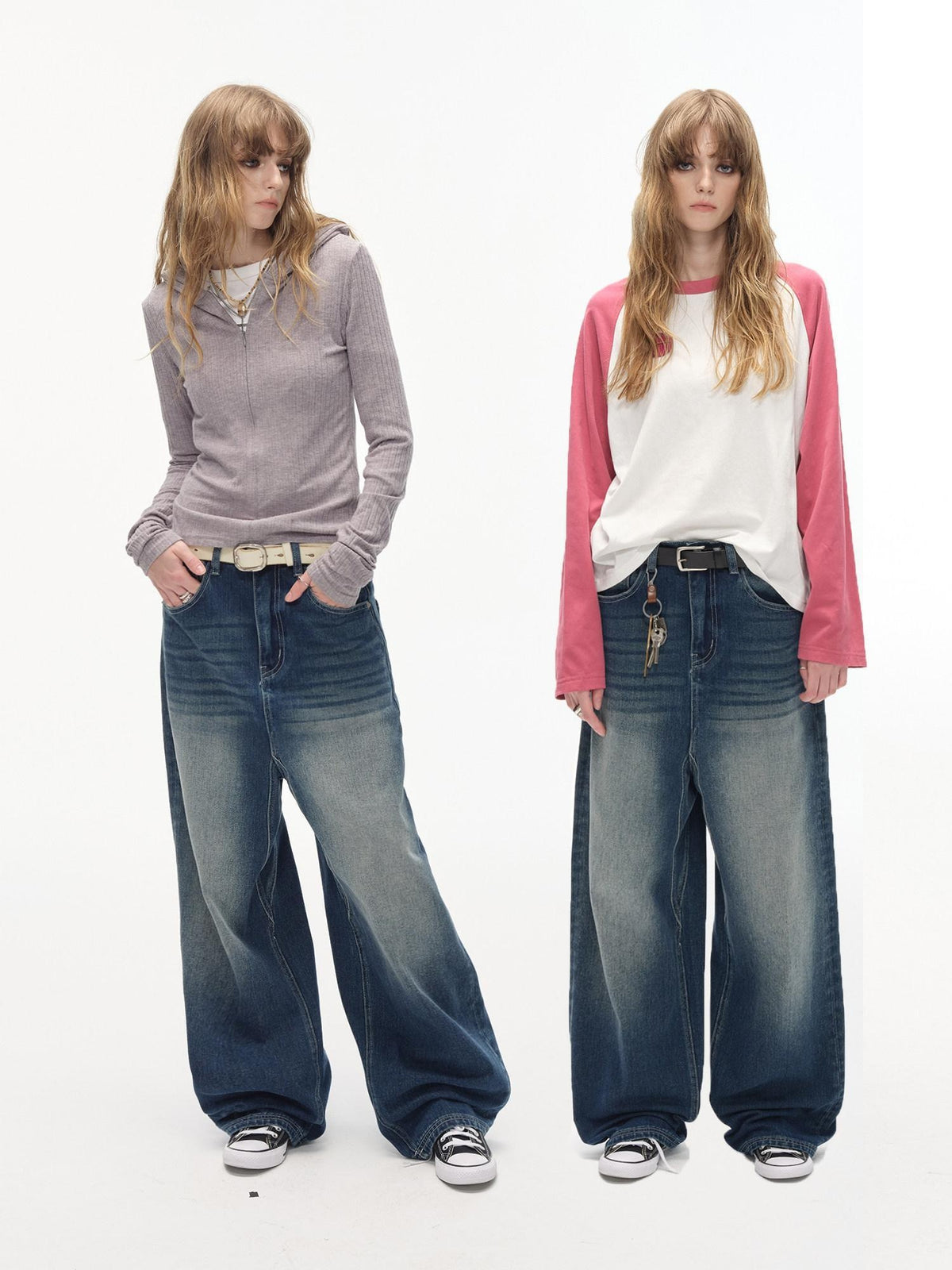 Country Moment Gradient Distressed Mid Rise Loose Straight Everyday Denim Blue Wide Leg Jeans