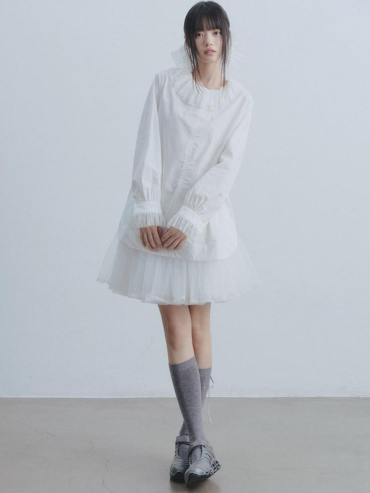 DDGIRL studio Breathable Cotton Lace Doll Collar Petal Sleeve Long Loose Commuter White Shirts