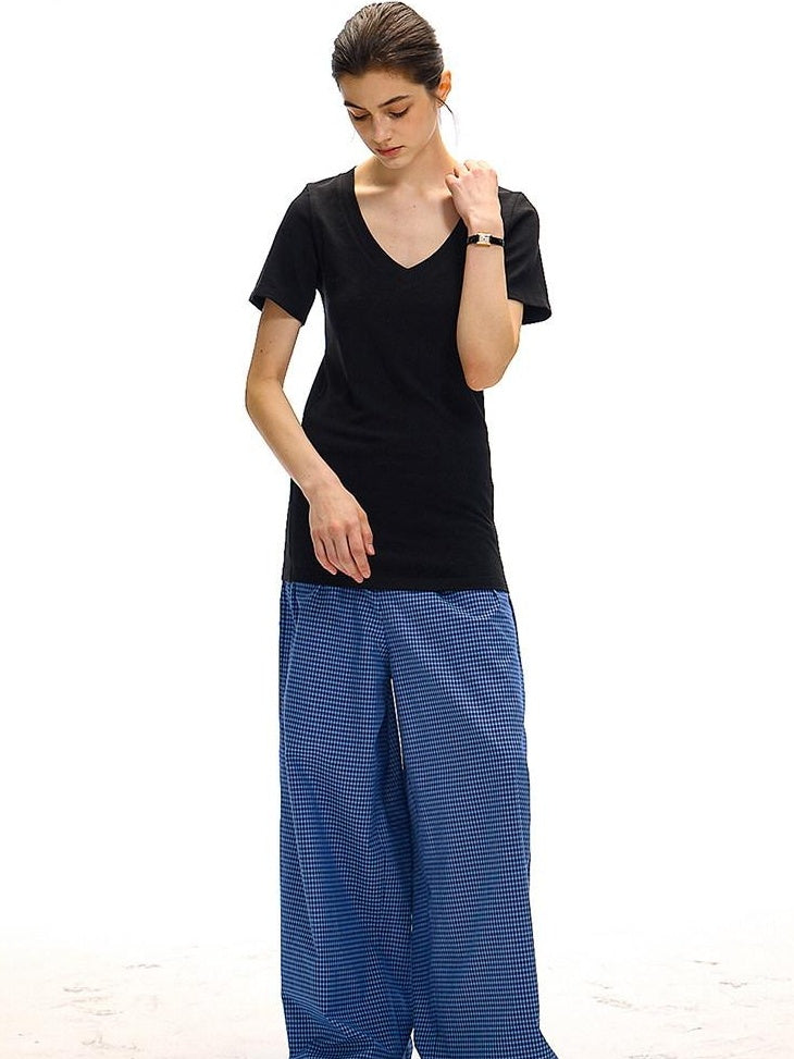 Country Moment 100 Percent Cotton Vintage Natural Waist Pockets Gem Blue Plaid Wide Leg Pants