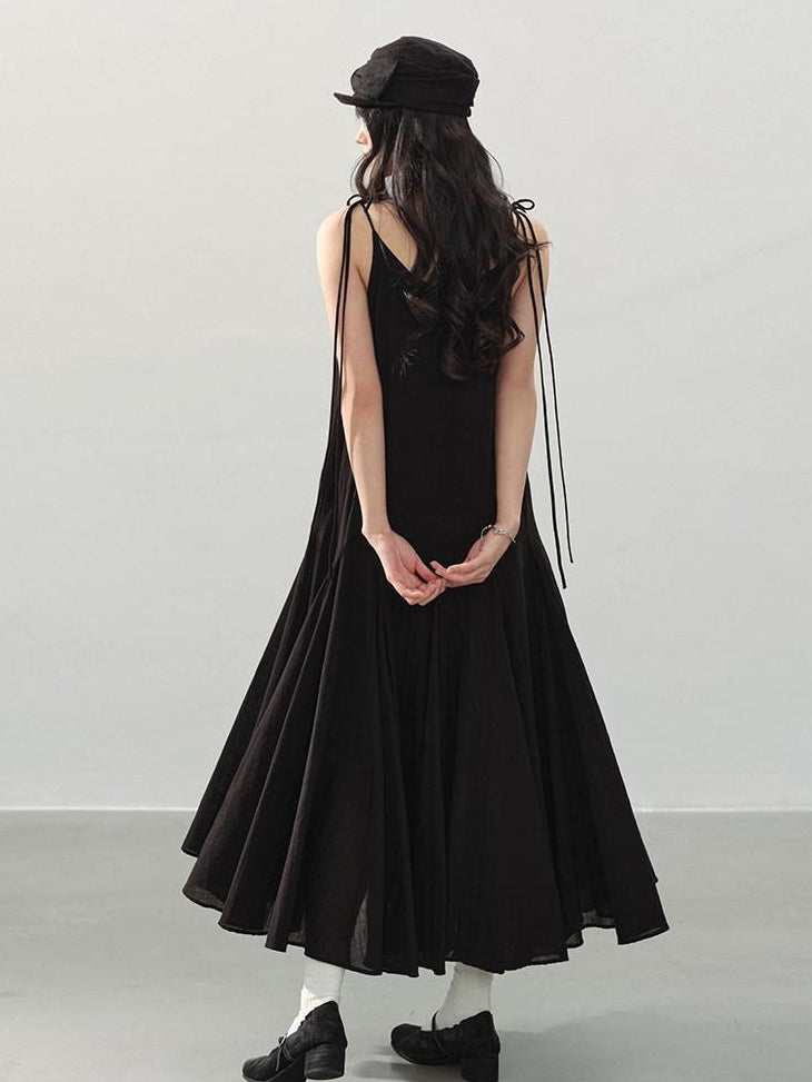 DDGIRL studio Soft Washed Cotton Pleated Elegant A Line U Neck Sleeveless Black Midi Dresses