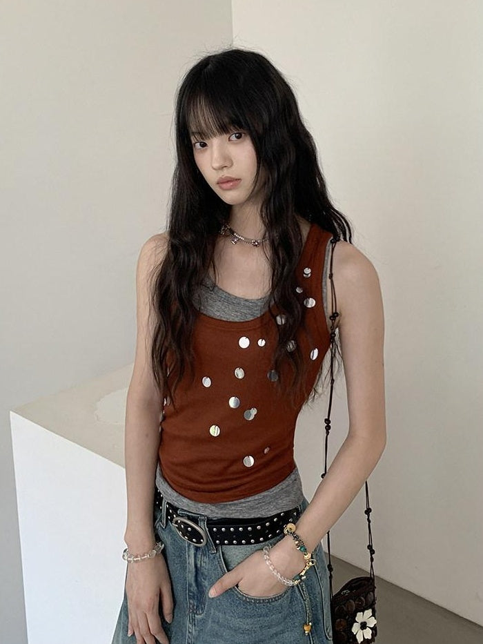 DDGIRL studio Stretch Cotton Knit Slim Camisole U Neck Sequin Women Office Top & Pants Sets