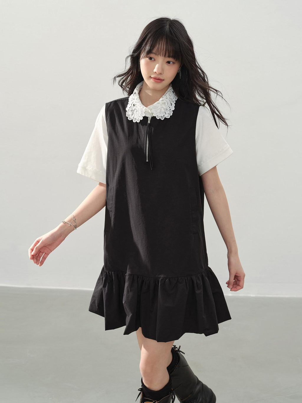 DDGIRL studio Soft Washed Cotton Nylon A Line Doll Collar Pockets Black Mini Dresses