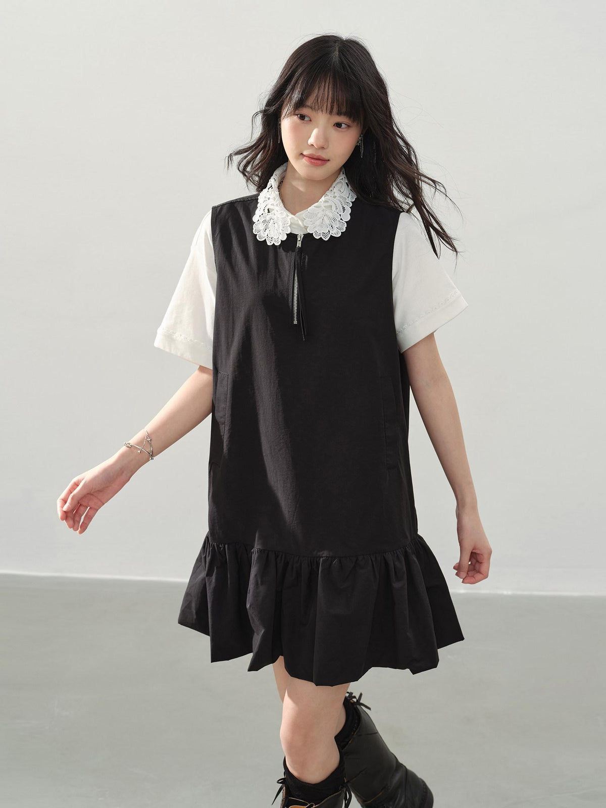 DDGIRL studio Soft Washed Cotton Nylon A Line Doll Collar Pockets Black Mini Dresses