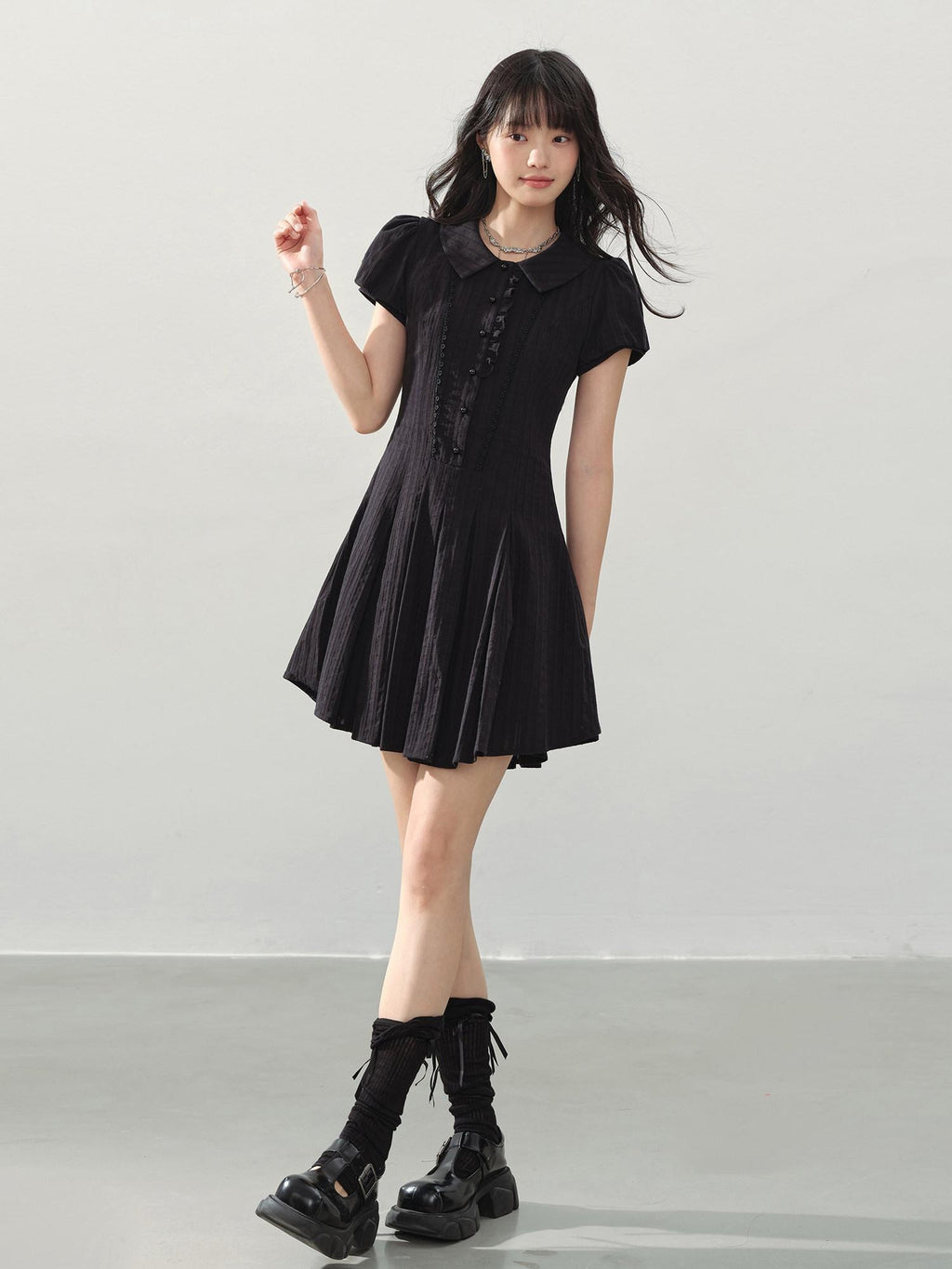 DDGIRL studio Sweet Cotton A Line Puff Sleeve Doll Collar Fitted Waist Midi Dresses