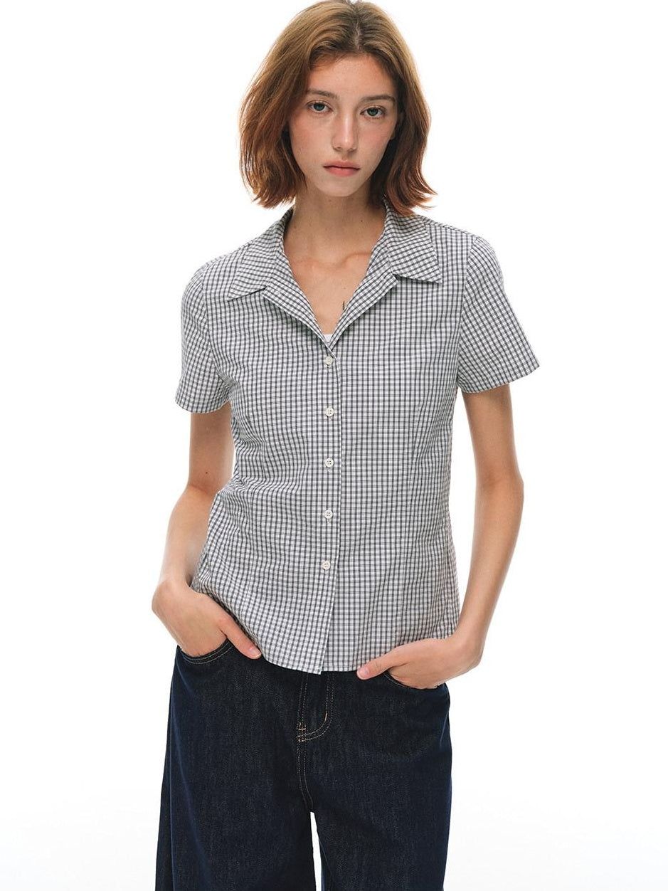 Country Moment Cotton Fitted Button Cuban Collar Black White Plaid Short Sleeve Women Shirts