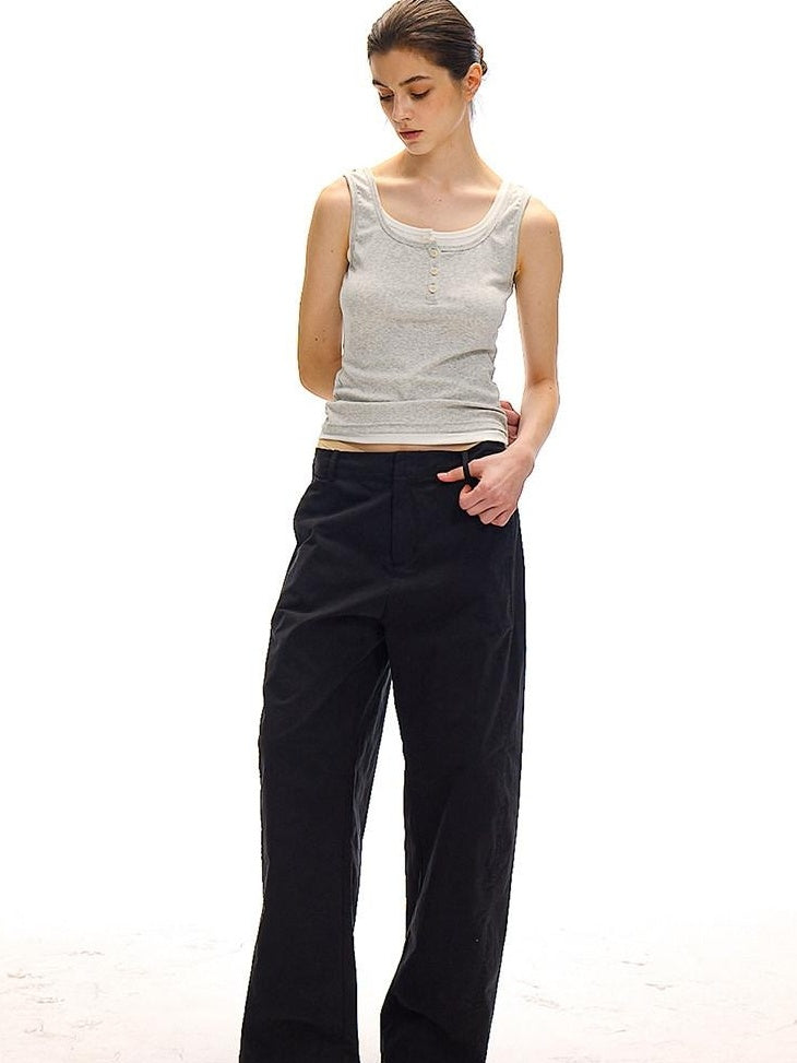 Country Moment Versatile Simple Mid Rise Cotton Stretch Straight Relaxed Black Wide Leg Pants