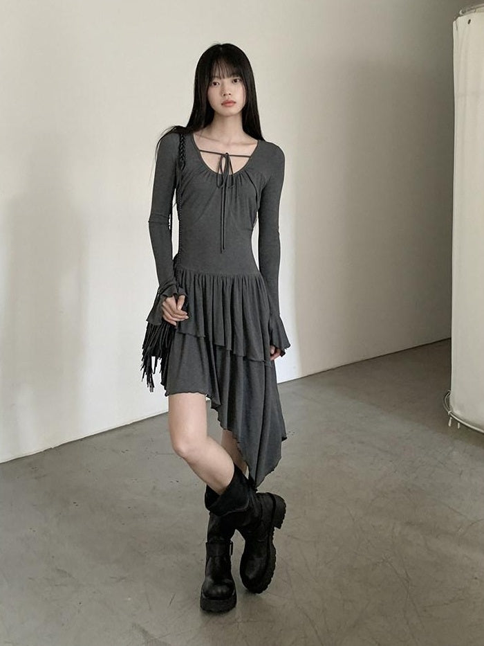 DDGIRL studio Soft Stretch Lyocell Asymmetric Cinched Waist U Neck Commuter Midi Dresses