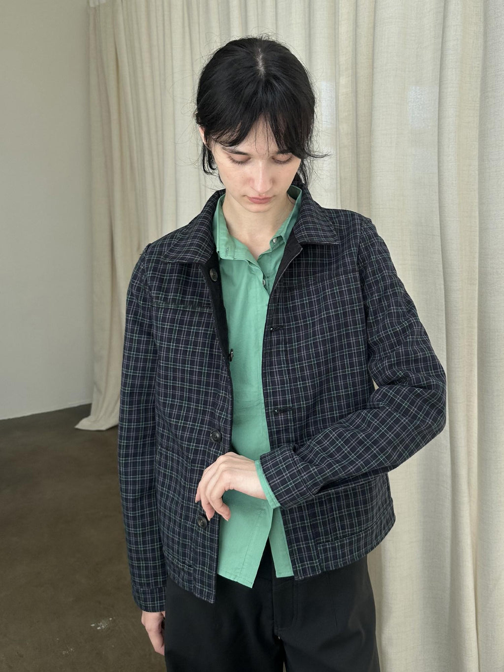 Country Moment Reversible Warm Edgy Slim Plaid Lapel Unisex Black Polyester Cropped Jackets