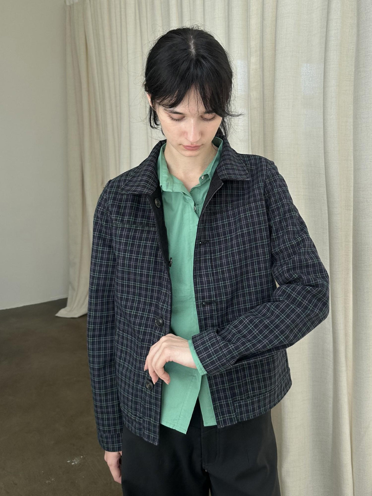 Country Moment Reversible Warm Edgy Slim Plaid Lapel Unisex Black Polyester Cropped Jackets
